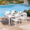 DEGHI Set pranzo bianco con tavolo 200/300x100 cm e 4 sedie con braccioli in alluminio a doghe - Carioca