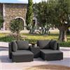 DEGHI Set relax modulare in polyrattan nero con tavolino top in vetro e cuscini grigio scuro - Tropico