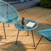 DEGHI Tavolino da giardino rotondo 50 cm in metallo nero e corda azzurro con top in vetro - Kalimba