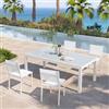 DEGHI Set pranzo bianco con tavolo 200/300x100 cm top vetro e 4 sedie textilene e alluminio - Carioca