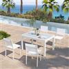 DEGHI Set pranzo bianco con tavolo 135/270x90 cm top vetro e 4 sedie textilene e alluminio - Carioca