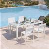 DEGHI Set pranzo bianco con tavolo 180/240x90 cm top vetro e 4 sedie textilene e alluminio - Carioca