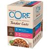 Wellness CORE Tender Cuts 6 x85g, Mix Salmone,Tonno&Gamberetti-Umido Gatti