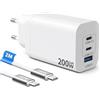 sccvee Caricatore USB C da 200 W, caricatore rapido per computer portatile con cavo USB C, GaN, 3 porte, alimentatore multiuso, adattatore di alimentazione USB con cavo C da 2 m, compatibile con MacBook Pro