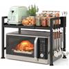 ZOVRIXIA Mensola Microonde, Scaffale da Cucina Estensibile, Supporto Microonde Salvaspazio, Ripiano per Microonde con 6 Ganci 1 Porta Utensili da Cucina, Mobiletto Cucina Microonde Nero