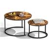 Ginhow Tavolino Salotto Moderno Vetro, Tavolino da Salotto Rotondo con effetto di legno, Tavolo Salvaspazio con cornice nera, Coffee Table 2 pezzi