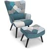 HomeMiYN Poltrona Patchwork, Poltrona Con Poggiapiedi E Cuscino Lombare, Reclinabile, Soggiorno, Lettura, Camera Da Letto, Divano Singolo (Blu)