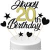 Conruich Decorazione per Torta di Compleanno 20 anni Uomo Donna, Cake Topper Happy 20th Birthday Oro Nero, Torta Torta Stella Cuore Nero per Decorazione Festa 20 anni Compleanno Donna Uomo