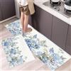 HASLEFND Tappetini da Fiori eleganti, Set di 2 Tappeto da Cucina Ortensia fresca Antiscivolo Tappeto Passatoia per Ufficio, Lavello, Scrivania in Piedi, 50x80+50x150cm, Azzurro chiaro