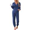 Famulily Set da casa da donna in maglia a costine, con scollo a V e pantaloni da jogging, tute morbide per il tempo libero, pigiama a maniche lunghe, abbigliamento da notte, blu navy, M