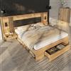 HOXINBLY Letto matrimoniale 160x200 con lampada da lettura e 2 comodini, Letto Industrial con cassetti, Struttura letto matrimoniale Legno naturale (Senza Materasso)
