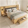 HOXINBLY Letto matrimoniale 180x200 con lampada da lettura e 2 comodini, Letto Industrial con cassetti, Struttura letto matrimoniale Legno naturale (Senza Materasso)