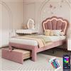 Zepneiy Lettino per bambini 90 x 190 cm con controllo APP LED, letto imbottito 90 x 190 cm, con cassetti, letto singolo con rete a doghe e testiera regolabile, telaio letto per ragazzi in velluto rosa