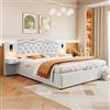 Soweiz Letto imbottito, letto piatto, 180 x 200 cm, testiera integrata, meccanismo di sollevamento idraulico, porta USB, due lampade da comodino, ampio spazio di archiviazione (beige)