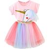 DEARMAMY Costume Carnevale Bambina Set 1 Unicorno Gonna Tulle Arcobaleno Rosa in Cotone Skin Friendly Comodo per Festa e Casa