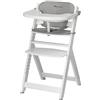 Bebeconfort Timba + Cuscino, Seggiolone Pappa in Legno, 6 mesi-99 anni, 110 kg, con Vassoio, Seduta/Poggiapiedi Regolabili, Compatibile con Sdraietta Timba Baby, White + Grey Mist