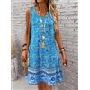 NONE Mini abito da donna senza maniche con stampa floreale etnica blu boho, abito casual a trapezio con scollo rotondo, per vacanze estive al mare