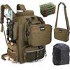 Goture Zaino da pesca con 4 scatole per esche da pesca, 45 litri, con borsa a tracolla rimovibile, porta canna, impermeabile 900D, grande borsa da pesca per campeggio, escursionismo, cachi con 4