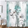 VEIVIAN Tenda da Doccia Rustica con Margherite e Fiori di Foglia di Tè e Farfalla su Campagna, Tendina Bagno Design in Legno, Turchese Blu Tende da Doccia con 12 Ganci, 12 x 170 cm