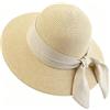 TIHNY Cappello di Paglia da Donna a Tesa Larga, Protezione Solare UPF 50+, Cappello Estivo Pieghevole da Mare con Fiocco e Sottogola, Beige