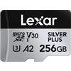 Lexar Silver Plus Scheda di memoria Micro SD da 256 GB fino a 205 MB/s, scheda di memoria flash microSDXC UHS-I con adattatore, C10, U3, A2, V30, Full HD, 4K UHD, scheda TF ad alta velocità per drone