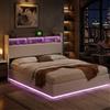 KeepGoon Letto matrimoniale 140 x 190 cm, letto imbottito, vano portaoggetti per comodino + striscia luminosa + porta USB, letto per riporre oggetti, in velluto bianco, idraulico