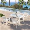 DEGHI Set pranzo bianco con tavolo 135/270x90 cm top vetro e 4 sedie con braccioli in alluminio a doghe - Carioca