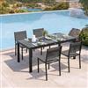 DEGHI Set pranzo antracite con tavolo 180/240x90 cm top vetro e 4 sedie textilene e alluminio - Carioca