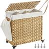 SONGMICS Cesto Portabiancheria con Coperchio, 140L, Cesta Biancheria in Rattan Sintetico con Ruote, 3 Scomparti, Sacco Rimovibile, Lavanderia Camera da Letto, 66 x 33 x 66 cm, Naturale LCB363N01