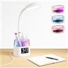Bokefo Lampada da Scrivania LED con Portapenne, Luce RGB, 3 Modalità di Colore, Dimmerabile, Orologio, Timer, Collo Flessibile 360°