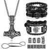 ADRAMATA Collana Vichinga Bracciale in Pelle con Martello di Thor, Perline per Barba e Capelli, Braccialetti Gioielli Vichinghi per Uomo