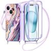 Yirlbey 360 Gradi Cover per iPhone 15 6,1'' con Cordino, Aesthetic Marmo Modello Design Trasparente Silicone Case Corda con Regolabile Laccio Antiurto Antigraffio Bumper Protezione Custodia, Viola