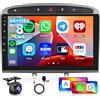 Hodozzy 6G+128GB 8-Core Autoradio per Peugeot 308 408 2007-2015 Android Radio Bluetooth Navigatore, Hodozzy 9 Pollici Touchscreen Stereo con Carplay Wireless Android Auto, WiFi, DSP, FM RDS Radio Telecamera