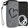 kwmobile Custodia in feltro con zip per Smartphone XL - 6,7/6,8 - Astuccio portacellulare a sacchetto con cerniera e ricamo - Borsa Cuore nero/grigio chiaro
