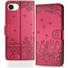 Butnyeoe Cover per iPhone 16e Libro,Gatti/Fiori Motivo in Rilievo Custodia,PU Pelle Protettiva Portafoglio Flip Wallet Case Con Slot per Schede e Magnetica Supporto,Rosso