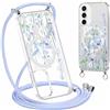 Gcxvaoi Magnetica Cover con Cordino per Samsung Galaxy S25 5G, Aesthetic Fiori Disegni Custodia con Collana Tracolla Laccio Corda Compatibile con MagSafe, Trasparente Silicone Case per Samsung S25, 02