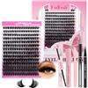 Fadlash Kit d'extension de cils DIY - 0.07D Curl Mix 8-16mm 100D Fluffy Wispy, cils clusters individuels avec colle et scellant, set de cils avec dissolvant et pinces, avec eyeliner noir
