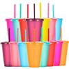 Yisituo Confezione da 15 bicchieri di plastica riutilizzabili da 480 ml, con coperchio e cannuccia, per bevande fredde, caffè freddo, viaggi e frullati (15, colori glitterati)