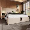 REXO Letto matrimoniale, 180 x 200 cm, letto imbottito con comodino, lampada da lettura e funzione di ricarica USB tipo C, struttura letto con rete a doghe in legno massiccio e metallo, tessuto a