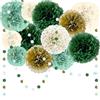 KALBIGRO Fiori di Carta per Decorazioni, 15 Pezzi Pom Pom Carta Velina e Ghirlande (Verde Salvia e Oro), Pon Pon Giganti per Allestimento Compleanno, Battesimo, Matrimonio, Baby Shower e Feste