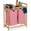 Relaxdays Scaffale Portabiancheria, Mobiletto Bagno in bambù con 2 Sacchi Rimovibili 73x64x33 cm, Marrone Chiaro Rosa