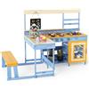 COSTWAY Cucina Giocattolo per Giardino con Tavolo e Panchina da Picnic, Cucina per Bambini in Legno di Abete con Fornelli, Lavandino, Lavagna e Forno, con 17 Accessori, 150 x 71 x 98 cm (Blu)