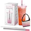 HYDRATE 2.ONE Tazza da caffè freddo da 700 ml con coperchio, cannuccia spessa, pennello e manica, riutilizzabile, da viaggio, per Bubble Tea, Boba, Smoothie, Milkshake o qualsiasi bevanda (rosa)