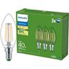 Philips LED UltraEfficient, Lampadina Candela, Vetro, Filamento, Attacco E14, equivalente a 40W, Luce Bianca Calda 2700K, confezione da 3