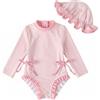DivingBirds Costume Maniche Lunghe Neonata e Bambina, Costume da Bagno Intero Bebe e Bambina con Cappellino, Cerniera e Bottoni a Pressione per 3-6 Mesi