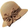 JIHUOO Cappello da Spiaggia Paglia Cloche Cappello da Chiesa Cappello da Benna Vintage Cappello da Bombetta Estivo Pieghevole con Fiocco per Donna Cachi