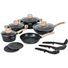 Herzberg HG-WDMRB14: set di 14 pentole e padelle nere con finitura effetto granito e maniglie effetto legno