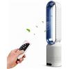 XOQUAI Ventilatore a torre, silenzioso, senza pale, funzione timer, 8 velocità e oscillazione di 90°, schermo touch LED e telecomando, ioni negativi, purificatore, 14,5 x 58 cm (blu)