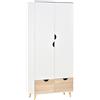 Armadio A Due Ante In Legno Con 1 Ripiano, 1 Appendiabiti, 2 Cassetti Con Maniglie Intagliate, 80x40x180 Cm, Bianco E Color Legno