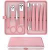 ESSBES Set Manicure 10 in 1 in Acciaio Inox con Tagliaunghie, Forbici, Pinzette e Kit per la Cura Delle Unghie con Custodia da Viaggio (Rosa Puro)